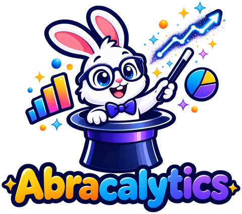 A cheerful white bunny in glasses and a bow tie pops out of a top hat, waving a magic wand that sparkles into a rising line chart